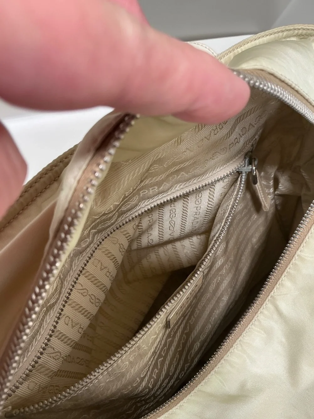 Prada beige nylon shoulder bag with genuine python accents